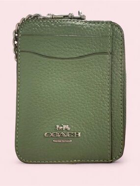 Coach Sage Green Leather Zip Card Case with Chain